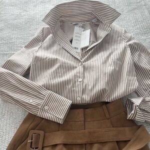 NWT$328 Sz2 VERONICA BEARD STRIPED Button-Down Cotton Ecru Taupe SHIRT